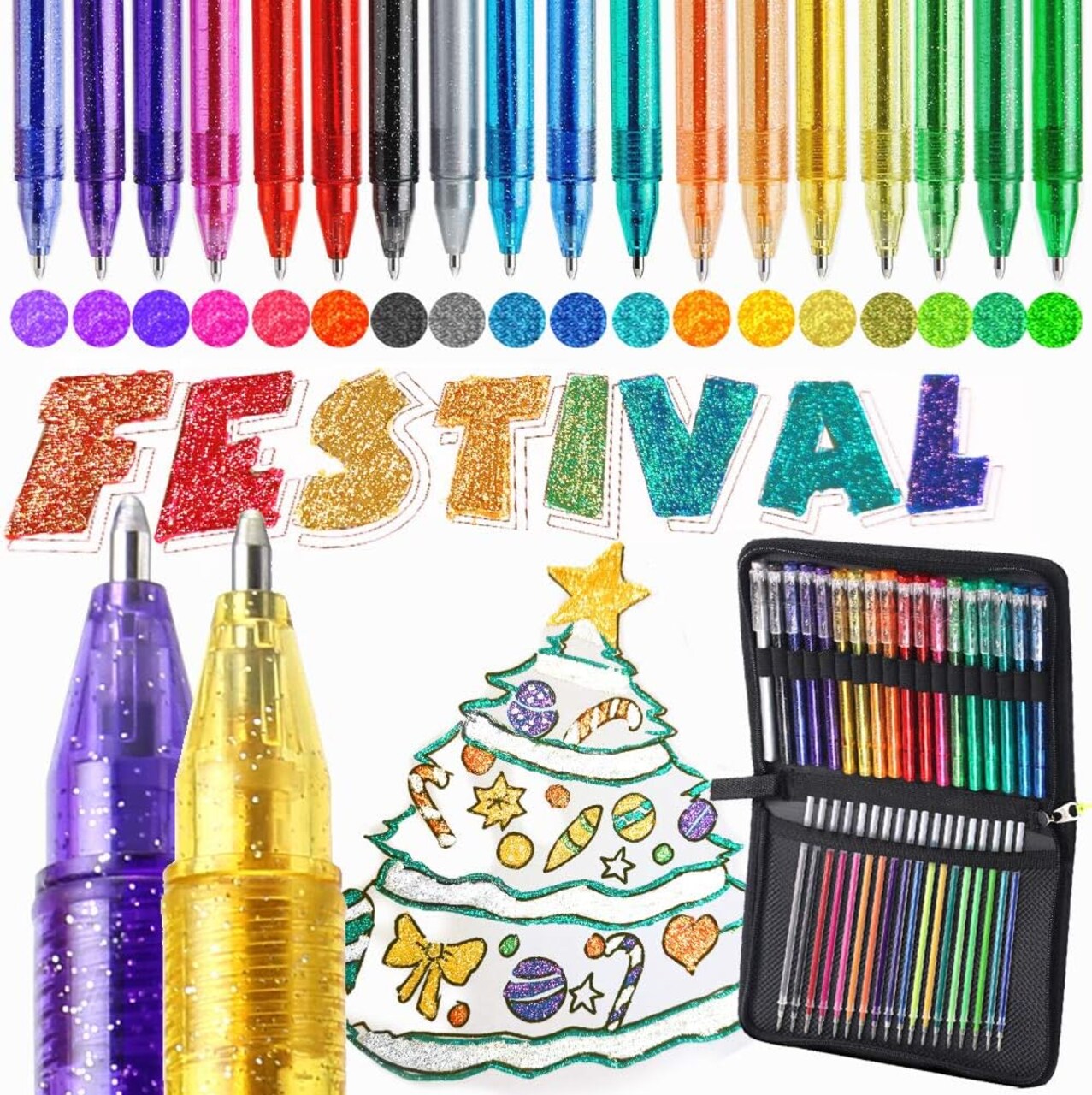 36 Pack Metallic Glitter Gel Pens Set, 18 Colors Sparkle Gel Pens with 18 Glitter Pen Refills in Canvas Bag for Adult Coloring Book Drawing Crafts Scrapbooks Journaling